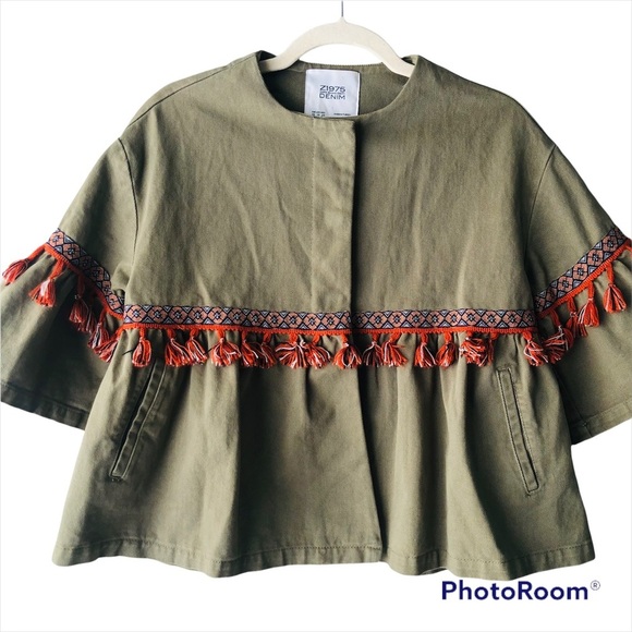 Zara Womens Size XS Denim Army Green Cropped Fringe Jacket Tassels Boho Boxy Fit - Picture 1 of 9